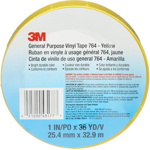 Ruban en vinyle pour travaux g&eacute;n&eacute;raux 764, 25,4 mm (1") la x 32,9 m (108') lo, 5 mils, Jaune Seaboard Timber Mart