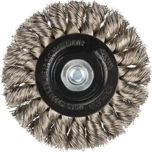 Brosses rotatives &agrave; fils nou&eacute;s - Brosse rotative &agrave; fils nou&eacute;s a/queue 1/4", Fils nou&eacute;s standards, Dia. 3", Fils 0,014", Acier inoxydable Seaboard Timber Mart