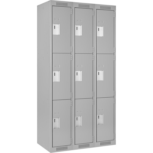 Clean Line Lockers, 3 -tier, Bank of 3, 36" x 18" x 72", Steel, Grey, Rivet (Assembled) Seaboard Timber Mart