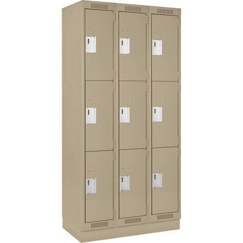 Clean Line Lockers, 3 -tier, Bank of 3, 36" x 12" x 76", Steel, Beige, Rivet (Assembled) Seaboard Timber Mart