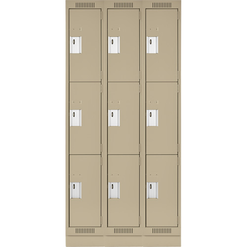Clean Line Lockers, 3 -tier, Bank of 3, 36" x 12" x 76", Steel, Beige, Rivet (Assembled) Seaboard Timber Mart