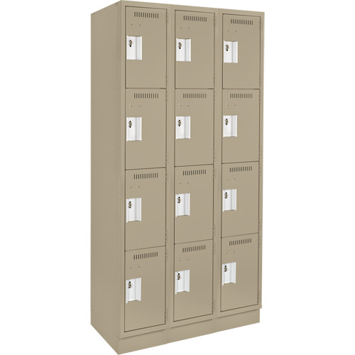 Clean Line Lockers, 4 -tier, Bank of 3, 36" x 12" x 76", Steel, Beige, Rivet (Assembled) Seaboard Timber Mart