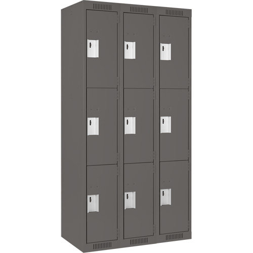 Clean Line Lockers, 3 -tier, Bank of 3, 36" x 18" x 72", Steel, Charcoal, Rivet (Assembled) Seaboard Timber Mart