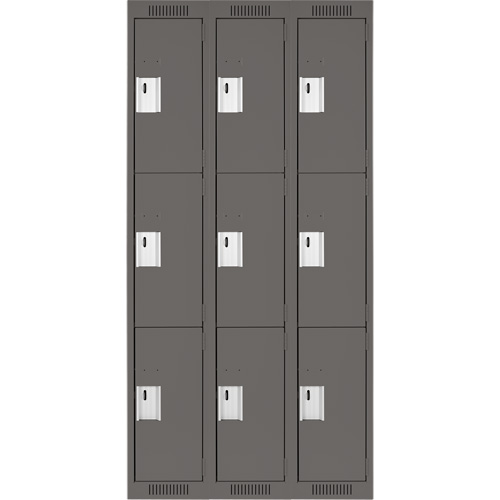 Clean Line Lockers, 3 -tier, Bank of 3, 36" x 18" x 72", Steel, Charcoal, Rivet (Assembled) Seaboard Timber Mart