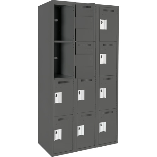 Clean Line Lockers, 4 -tier, Bank of 3, 36" x 18" x 72", Steel, Charcoal, Rivet (Assembled) Seaboard Timber Mart