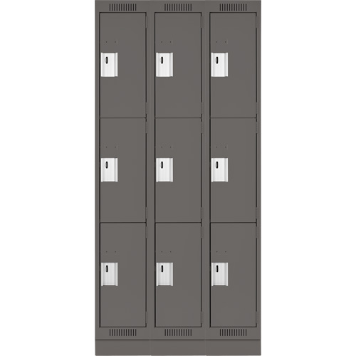 Clean Line Lockers, 3 -tier, Bank of 3, 36" x 12" x 76", Steel, Charcoal, Rivet (Assembled) Seaboard Timber Mart