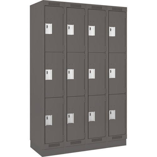 Clean Line Lockers, 3 -tier, Bank of 4, 48" x 12" x 76", Steel, Charcoal, Rivet (Assembled) Seaboard Timber Mart