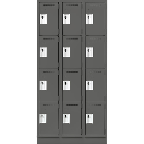 Clean Line Lockers, 4 -tier, Bank of 3, 36" x 12" x 76", Steel, Charcoal, Rivet (Assembled) Seaboard Timber Mart