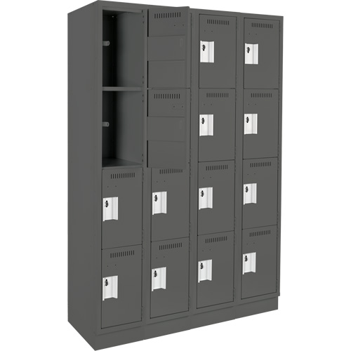 Clean Line Lockers, 4 -tier, Bank of 4, 48" x 12" x 76", Steel, Charcoal, Rivet (Assembled) Seaboard Timber Mart