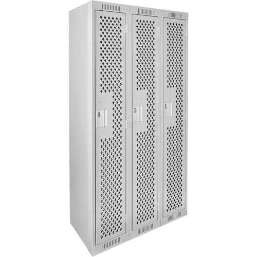 Clean Line Lockers, Bank of 3, 36" x 15" x 72", Steel, Grey, Rivet (Assembled), Perforated Seaboard Timber Mart