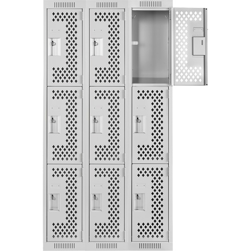 Clean Line Lockers, 3 -tier, Bank of 3, 36" x 18" x 72", Steel, Grey, Rivet (Assembled), Perforated Seaboard Timber Mart