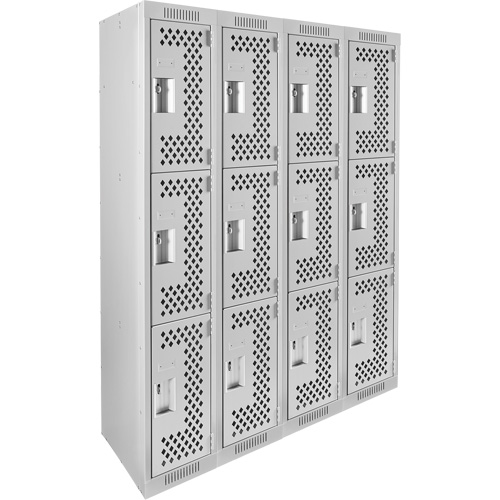 Clean Line Lockers, 3 -tier, Bank of 4, 48" x 18" x 72", Steel, Grey, Rivet (Assembled), Perforated Seaboard Timber Mart