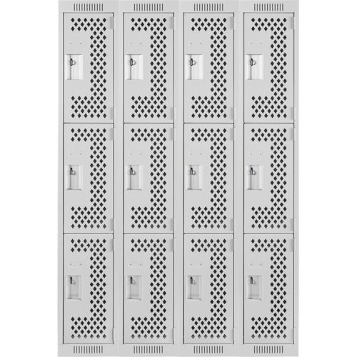 Clean Line Lockers, 3 -tier, Bank of 4, 48" x 18" x 72", Steel, Grey, Rivet (Assembled), Perforated Seaboard Timber Mart