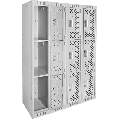 Clean Line Lockers, 3 -tier, Bank of 4, 48" x 18" x 72", Steel, Grey, Rivet (Assembled), Perforated Seaboard Timber Mart