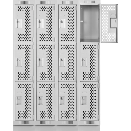 Clean Line Lockers, 3 -tier, Bank of 4, 48" x 18" x 76", Steel, Grey, Rivet (Assembled), Perforated Seaboard Timber Mart