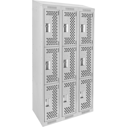 Clean Line Lockers, 3 -tier, Bank of 3, 36" x 18" x 78", Steel, Grey, Rivet (Assembled), Perforated Seaboard Timber Mart