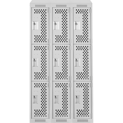 Clean Line Lockers, 3 -tier, Bank of 3, 36" x 18" x 78", Steel, Grey, Rivet (Assembled), Perforated Seaboard Timber Mart