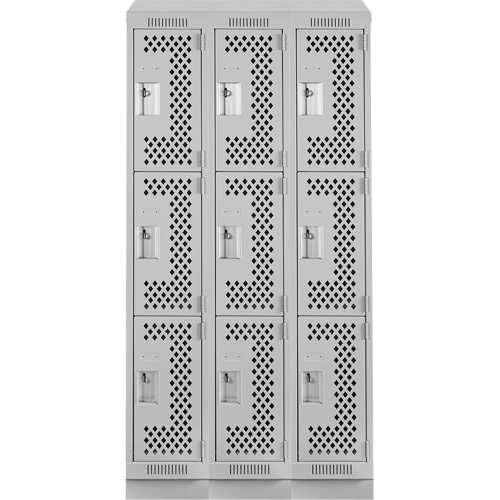 Clean Line Lockers, 3 -tier, Bank of 3, 36" x 18" x 82", Steel, Grey, Rivet (Assembled), Perforated Seaboard Timber Mart