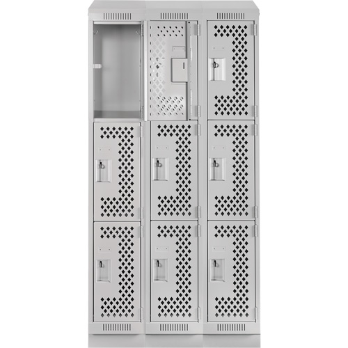 Clean Line Lockers, 3 -tier, Bank of 3, 36" x 18" x 82", Steel, Grey, Rivet (Assembled), Perforated Seaboard Timber Mart