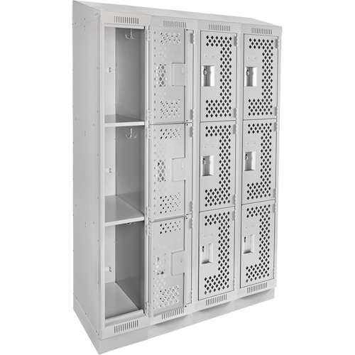 Clean Line Lockers, 3 -tier, Bank of 4, 48" x 18" x 82", Steel, Grey, Rivet (Assembled), Perforated Seaboard Timber Mart