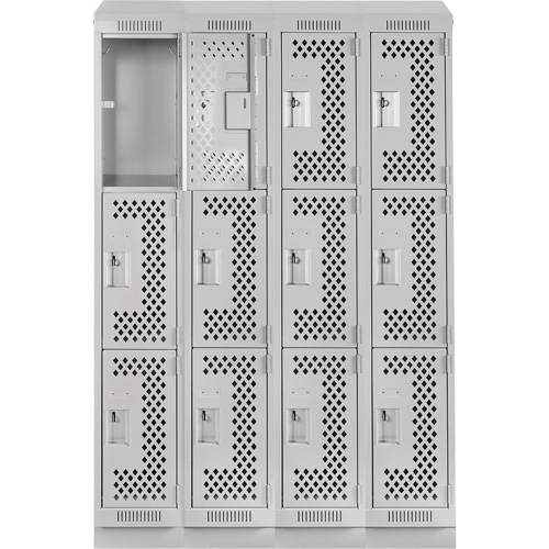 Clean Line Lockers, 3 -tier, Bank of 4, 48" x 18" x 82", Steel, Grey, Rivet (Assembled), Perforated Seaboard Timber Mart