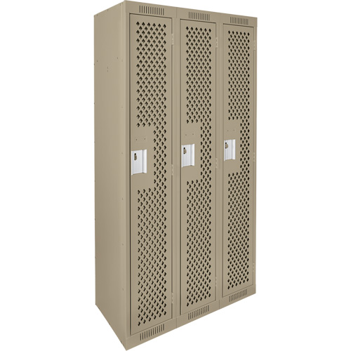 Clean Line Lockers, Bank of 3, 36" x 15" x 72", Steel, Beige, Rivet (Assembled), Perforated Seaboard Timber Mart