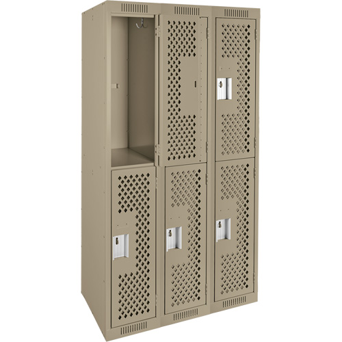 Clean Line Lockers, 2 -tier, Bank of 3, 36" x 12" x 72", Steel, Beige, Rivet (Assembled), Perforated Seaboard Timber Mart