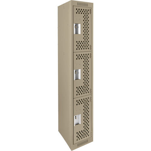 Clean Line Lockers, 3 -tier, 12" x 18" x 72", Steel, Beige, Rivet (Assembled), Perforated Seaboard Timber Mart
