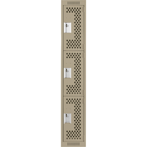 Clean Line Lockers, 3 -tier, 12" x 18" x 72", Steel, Beige, Rivet (Assembled), Perforated Seaboard Timber Mart
