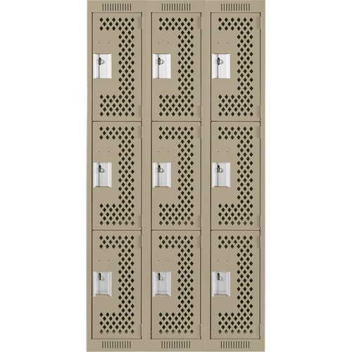 Clean Line Lockers, 3 -tier, Bank of 3, 36" x 18" x 72", Steel, Beige, Rivet (Assembled), Perforated Seaboard Timber Mart