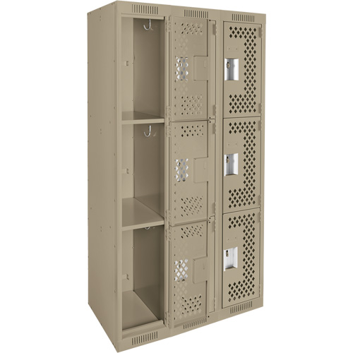 Clean Line Lockers, 3 -tier, Bank of 3, 36" x 18" x 72", Steel, Beige, Rivet (Assembled), Perforated Seaboard Timber Mart