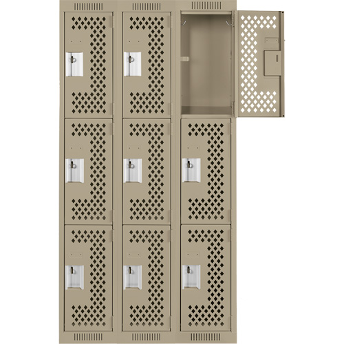 Clean Line Lockers, 3 -tier, Bank of 3, 36" x 18" x 72", Steel, Beige, Rivet (Assembled), Perforated Seaboard Timber Mart