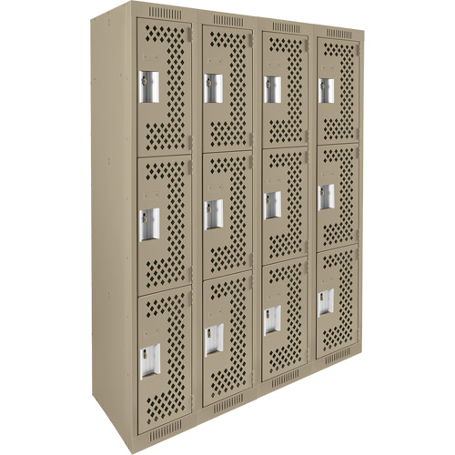 Clean Line Lockers, 3 -tier, Bank of 4, 48" x 18" x 72", Steel, Beige, Rivet (Assembled), Perforated Seaboard Timber Mart