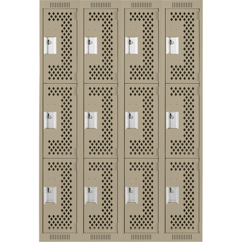 Clean Line Lockers, 3 -tier, Bank of 4, 48" x 18" x 72", Steel, Beige, Rivet (Assembled), Perforated Seaboard Timber Mart