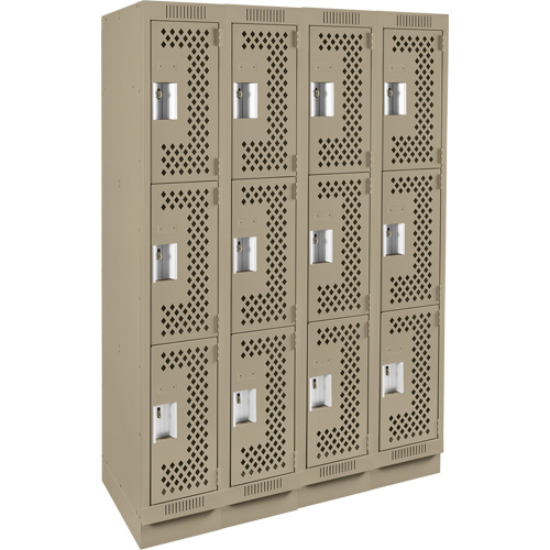 Clean Line Lockers, 3 -tier, Bank of 4, 48" x 18" x 76", Steel, Beige, Rivet (Assembled), Perforated Seaboard Timber Mart
