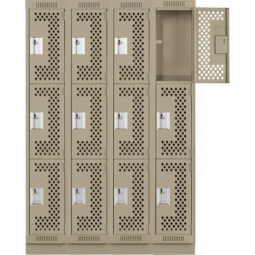 Clean Line Lockers, 3 -tier, Bank of 4, 48" x 18" x 76", Steel, Beige, Rivet (Assembled), Perforated Seaboard Timber Mart