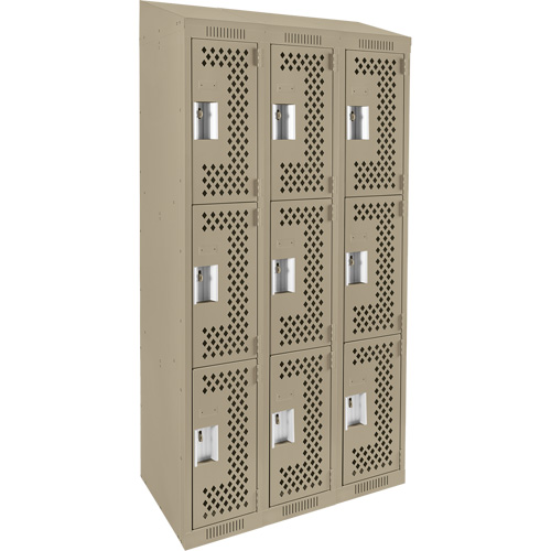 Clean Line Lockers, 3 -tier, Bank of 3, 36" x 18" x 78", Steel, Beige, Rivet (Assembled), Perforated Seaboard Timber Mart