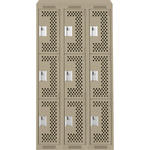 Clean Line Lockers, 3 -tier, Bank of 3, 36" x 18" x 78", Steel, Beige, Rivet (Assembled), Perforated Seaboard Timber Mart