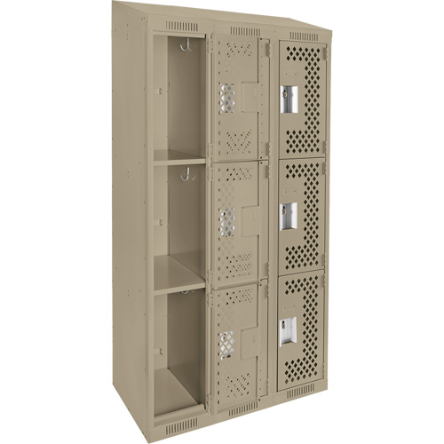 Clean Line Lockers, 3 -tier, Bank of 3, 36" x 18" x 78", Steel, Beige, Rivet (Assembled), Perforated Seaboard Timber Mart