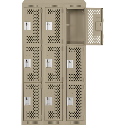 Clean Line Lockers, 3 -tier, Bank of 3, 36" x 18" x 78", Steel, Beige, Rivet (Assembled), Perforated Seaboard Timber Mart