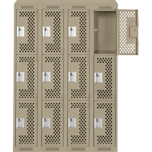 Clean Line Lockers, 3 -tier, Bank of 4, 48" x 18" x 78", Steel, Beige, Rivet (Assembled), Perforated Seaboard Timber Mart