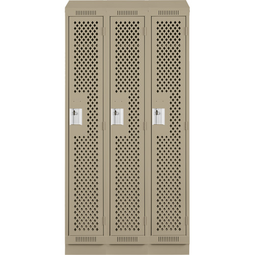 Clean Line Lockers, Bank of 3, 36" x 12" x 82", Steel, Beige, Rivet (Assembled), Perforated Seaboard Timber Mart