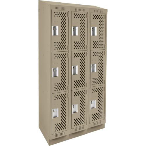 Clean Line Lockers, 3 -tier, Bank of 3, 36" x 18" x 82", Steel, Beige, Rivet (Assembled), Perforated Seaboard Timber Mart