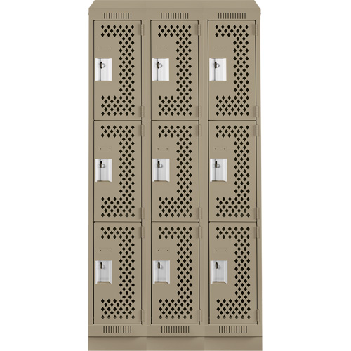 Clean Line Lockers, 3 -tier, Bank of 3, 36" x 18" x 82", Steel, Beige, Rivet (Assembled), Perforated Seaboard Timber Mart