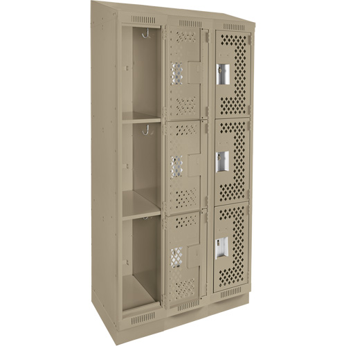 Clean Line Lockers, 3 -tier, Bank of 3, 36" x 18" x 82", Steel, Beige, Rivet (Assembled), Perforated Seaboard Timber Mart