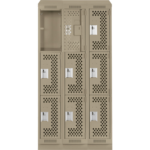 Clean Line Lockers, 3 -tier, Bank of 3, 36" x 18" x 82", Steel, Beige, Rivet (Assembled), Perforated Seaboard Timber Mart