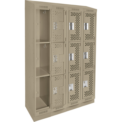 Clean Line Lockers, 3 -tier, Bank of 4, 48" x 18" x 82", Steel, Beige, Rivet (Assembled), Perforated Seaboard Timber Mart
