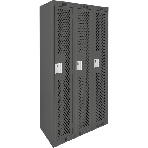 Clean Line Lockers, Bank of 3, 36" x 15" x 72", Steel, Charcoal, Rivet (Assembled), Perforated Seaboard Timber Mart