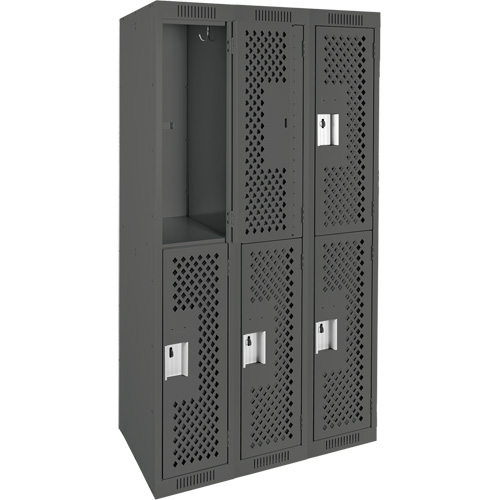 Clean Line Lockers, 2 -tier, Bank of 3, 36" x 12" x 72", Steel, Charcoal, Rivet (Assembled), Perforated Seaboard Timber Mart