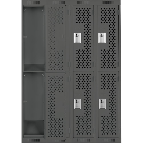 Clean Line Lockers, 2 -tier, Bank of 4, 48" x 12" x 72", Steel, Charcoal, Rivet (Assembled), Perforated Seaboard Timber Mart